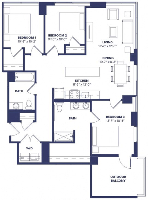 Floor plan for 3 beds, 2 baths, 1366 sqft